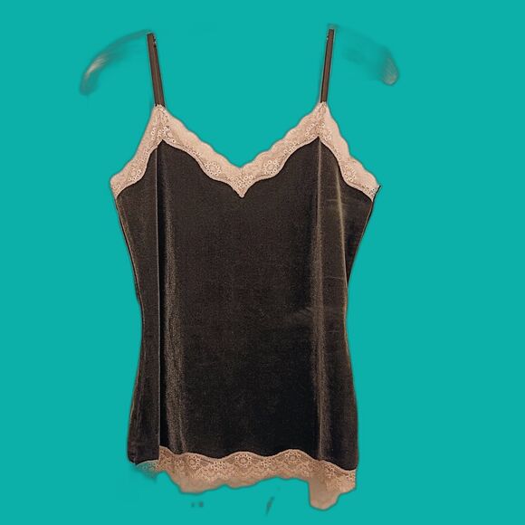 Y2K Dark Green Velvet Cami Tank Top Ivory Lace Trim Loft S Fairy Goth Grunge - Picture 1 of 4